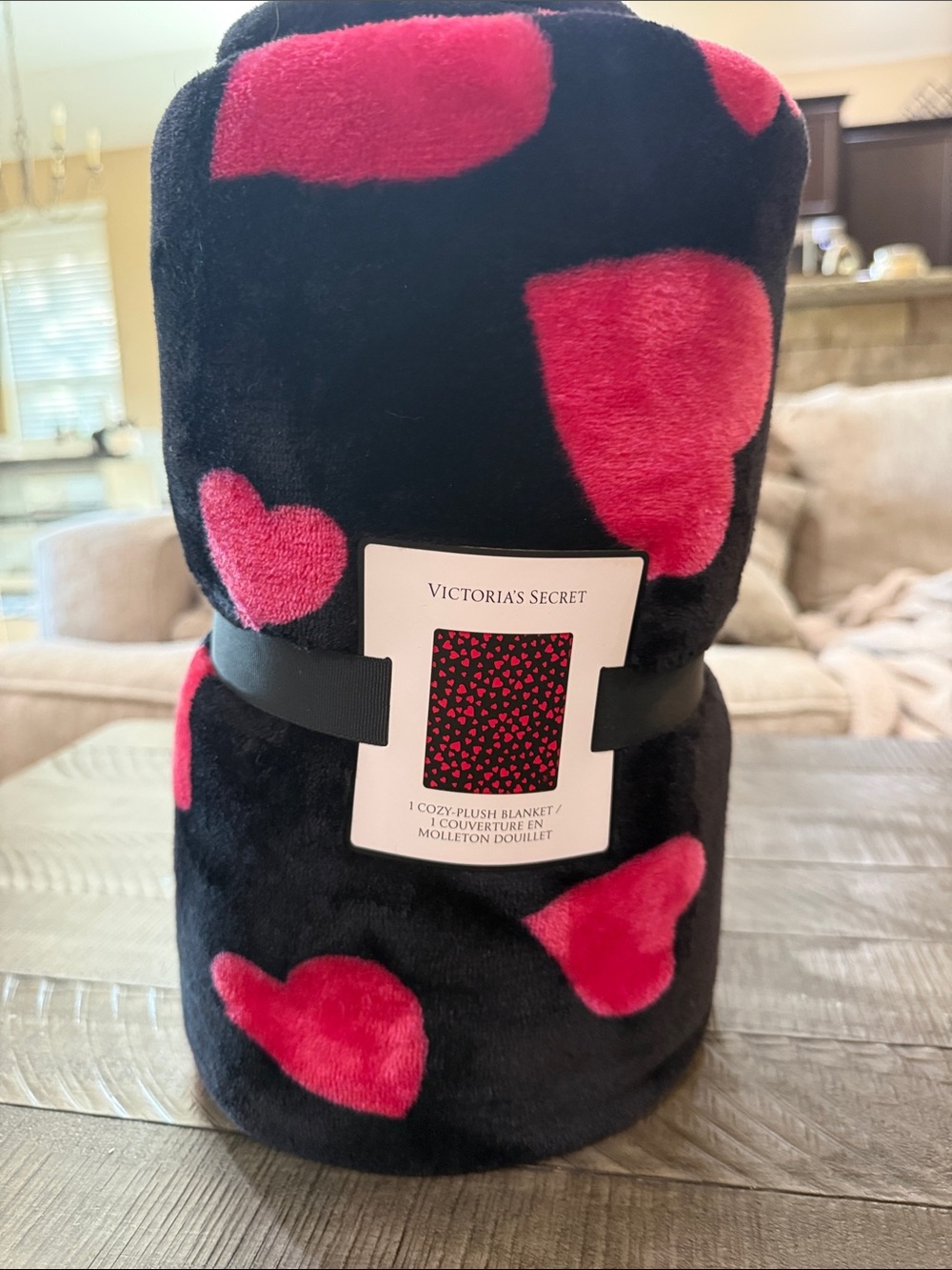 Victoria's Secret Black and Hot Pink Heart Plush Throw